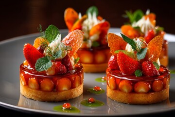 Plate with orange tompouce tarts topped with strawberries concept photo with bright colors and elegant presentation.