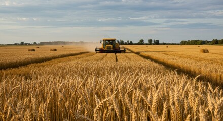 Fototapeta premium Golden Wheat Harvest - A combine harvester works in a vast field of ripe golden wheat under a partly cloudy sky