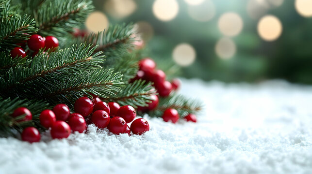 Lush evergreen boughs laden with vibrant red berries rest on a bed of pristine white snow, set against a softly blurred backdrop of warm, festive lights