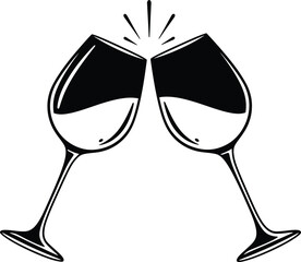 Minimalist black and white graphic of two elegant wine glasses touching simple contemporary design

