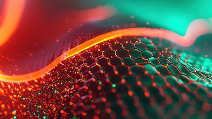 A digital illustration of a wave-like pattern with glowing particles in red, orange, and green.