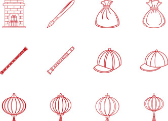 Decorative line drawing shows fireplace, brush, moneybag, flute, cap, and lantern against white