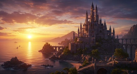 Naklejka premium Majestic Coastal Castle at Sunset - A breathtaking view of a grand castle perched on a cliff overlooking a serene ocean at sunset. Ships sail on the calm waters