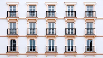 Symmetrical facade of building with balconies & windows. Architectural uniformity on a white wall with decorative trim. Classic urban view
