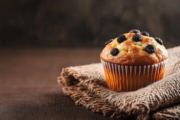 Delicious chocolate chip muffin on fabric