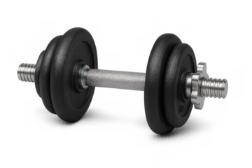Adjustable dumbbell with metal handle and weights, isolated on transparent background, promoting strength training and fitness