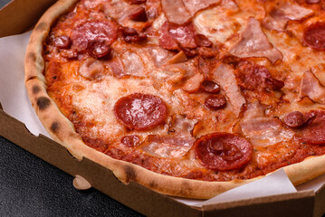 Italian pepperoni pizza with cheese and salami, tomatoes and sauce