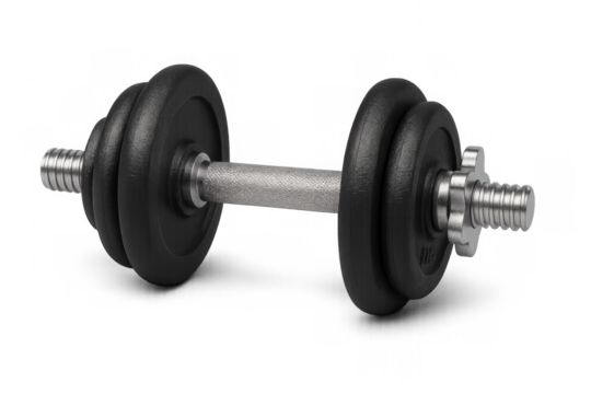 Adjustable dumbbell with metal handle and weights, isolated on transparent background, promoting strength training and fitness