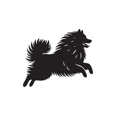 Keeshond dog silhouette, fluffy coat, friendly companion, alert expression, curled tail, spitz breed, medium size, thick fur, charming, intelligent, playful, loyal, house pet, furry outline, cheerful,