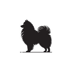 Keeshond dog silhouette, fluffy coat, friendly companion, alert expression, curled tail, spitz breed, medium size, thick fur, charming, intelligent, playful, loyal, house pet, furry outline, cheerful,
