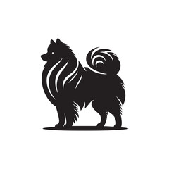 Keeshond dog silhouette, fluffy coat, friendly companion, alert expression, curled tail, spitz breed, medium size, thick fur, charming, intelligent, playful, loyal, house pet, furry outline, cheerful,