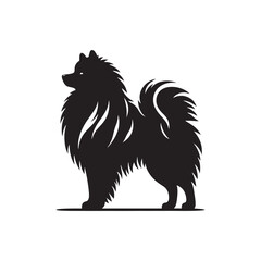 Keeshond dog silhouette, fluffy coat, friendly companion, alert expression, curled tail, spitz breed, medium size, thick fur, charming, intelligent, playful, loyal, house pet, furry outline, cheerful,