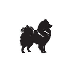 Keeshond dog silhouette, fluffy coat, friendly companion, alert expression, curled tail, spitz breed, medium size, thick fur, charming, intelligent, playful, loyal, house pet, furry outline, cheerful,