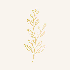 Golden hand-drawn botanical branch on soft beige background.