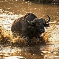 Obraz premium closeup of a wild and dangerous buffalo charging through the muddy water at a sunny day