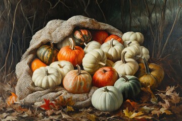 A burlap sack overflows with colorful pumpkins and gourds, autumn leaves scattered below against a dark, woody backdrop.