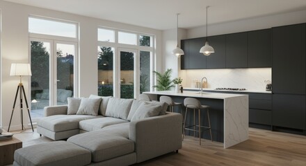 Modern Open Concept Living Space with Sectional Sofa and Kitchen Island - Contemporary home design, open floor plan, modern kitchen, comfortable sectional sofa, natural light. Symbolizes: Modernity