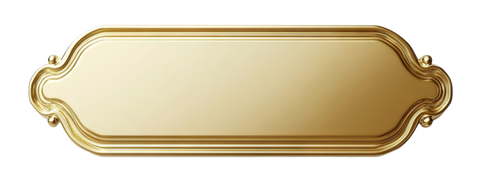 Golden metal nameplate with embossed corners, isolated on transparent cutout background