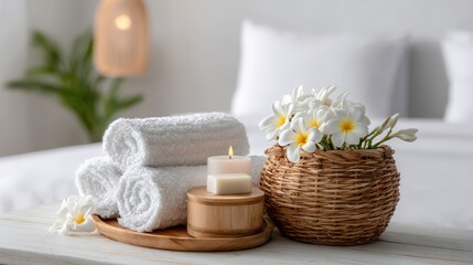A 4K photo of modern white bedroom serves as the backdrop for a spa wellness concept, complete with white towels, a candle, milk soap, and a bamboo wooden basket filled with.