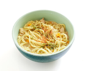 Isolated Warm Bowl of Chicken Noodle Soup With Vegetables on a White Background