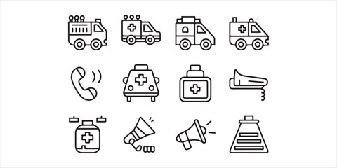 Black and White Vector Line Icon Set of Emergency and Safety Symbols