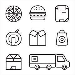 Simple Set of Black and White Vector Line Icons for Food and Delivery