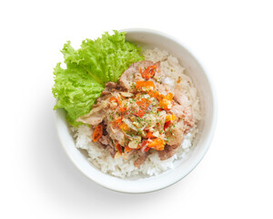 Isolated Delicious Bowl of Rice Topped With Savory Meat with Sambal Matah and Fresh Vegetables Served in a Bright Setting