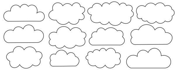 collection of black silhouette clouds in various shapes and sizes. Black Clouds silhouettes set. Fluffy clouds icon set. Vector set of clouds. Cute fluffy, Minimalist bubbly clouds collection.