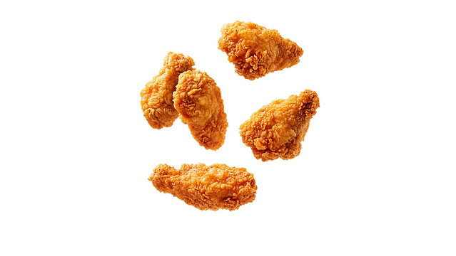 Fried chicken pieces flying in the air, isolated on a white background, cut out