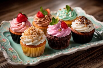 A vibrant selection of cupcakes featuring various flavors and toppings garnished with fruits and cream is showcased on a decorative tray in a charming dessert shop