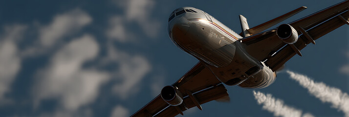Airplane soaring through a blue sky, engines emitting smoke trails. A powerful, dynamic display of flight, capturing the essence of aviation in motion.