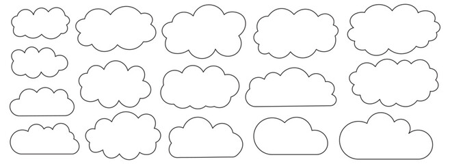 collection of black silhouette clouds in various shapes and sizes. Black Clouds silhouettes set. Fluffy clouds icon set. Vector set of clouds. Cute fluffy, Minimalist bubbly clouds collection.