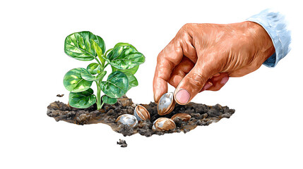 a hand carefully placing a seed into rich soil, detailed watercolor illustration, watercolor clipart illustration, isolated on white background