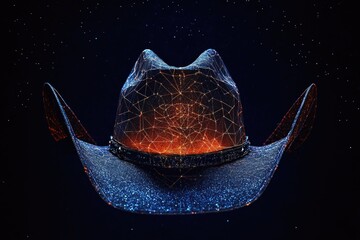 A futuristic cowboy hat made of glowing network nodes against a dark, starlit background evokes a sense of technology and the Wild West.