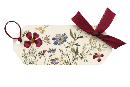 Decorative gift tag featuring a floral design with various wildflowers and a red ribbon, perfect for adding a personal touch to presents for any occasion