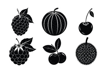 A vibrant set of fruits and berries features a red strawberry, crisp green apple, sweet ripe cherry, juicy orange, and plump blackberry, all isolated as a healthy food illustration