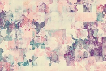 Fototapeta premium An abstract floral background with textured squares of pink, purple, teal, and off-white hues creates a dreamy, artistic effect.