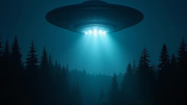 UFO hovering over a forest at night