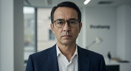 Fototapeta premium Serious Businessman Portrait - A professional headshot of a man in a suit, serious expression, neutral background