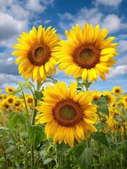 Fototapeta premium A 4K photo of bright Yellow Sunflowers in Summer Field - Three vibrant sunflowers symbolize joy, summer, growth, nature, and happiness. A picturesque scene of sunny warmth.