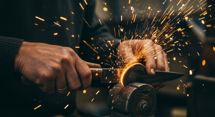 Skilled Hands Sharpen a Knife: A Symphony of Metal and Fire - Craftsmanship, precision, artistry, dedication, and the transformative power of fire and steel. A skilled artisan sharpens a knife