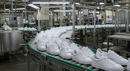 Sneakers on a Factory Conveyor Belt - Production line, footwear manufacturing, assembly, conveyor system, white sneakers. Symbolizing industry, efficiency, mass production, consumerism