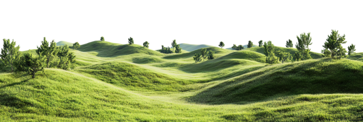 Sunny landscape of grassy hills and small trees, isolated on transparent cutout background