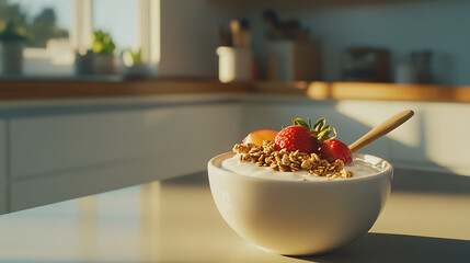 Delicious breakfast bowl with yogurt, granola, and fresh strawberries, peach a perfect morning treat! Sunshine is streaming in the kitchen window.