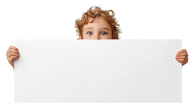 Happy kid peeking over a white banner, isolated on transparent cutout background - Powered by Adobe