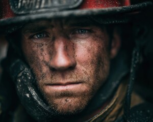 Obraz premium Close-up portrait of a dirty, soot-covered firefighter's face, eyes conveying determination and resilience. A powerful image of strength and service.