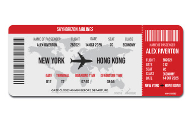 Realistic airline ticket design with necessary fields and passenger name. Vector illustration 