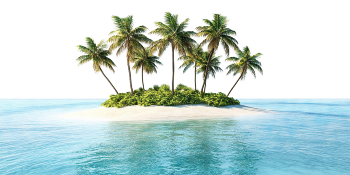 Tropical island with palm trees, isolated on transparent cutout background
