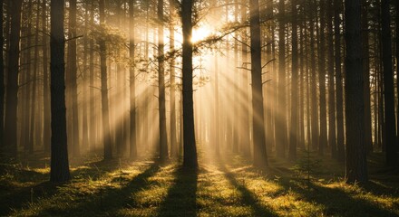 Obraz premium Sunbeams Through the Forest - Golden sun rays pierce through a misty forest, illuminating the trees and ground. Peaceful and serene nature scene