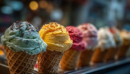 Fototapeta premium Colorful Ice Cream Cones with Various Flavors Displayed in Shop Window, Blurred Background